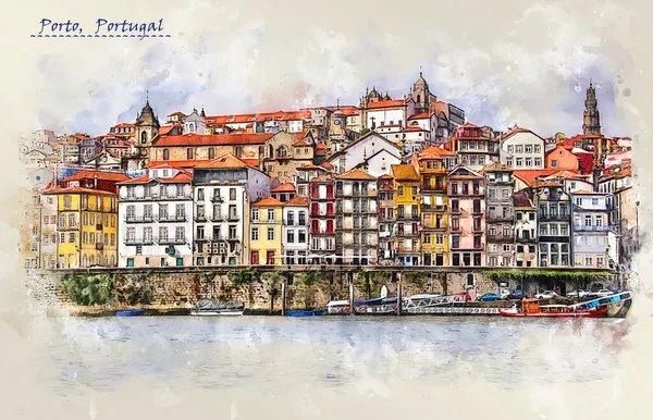 Vida Ciudad Oporto Portugal Estilo Boceto Para Uso Como Postal —  Fotos de Stock