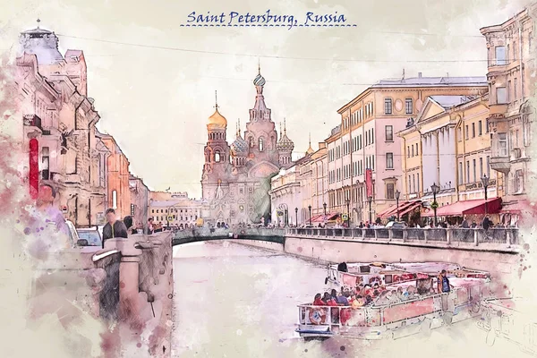 City Life Saint Petersburg Russia Sketch Style Using Postcard Illustration — Stock Photo, Image