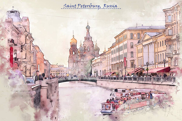 city life of Saint Petersburg, Russia, in sketch style for using for postcard or illustration