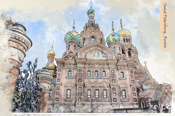 City Life Saint Petersburg Russia Sketch Style Using Postcard Illustration — Stock Photo, Image