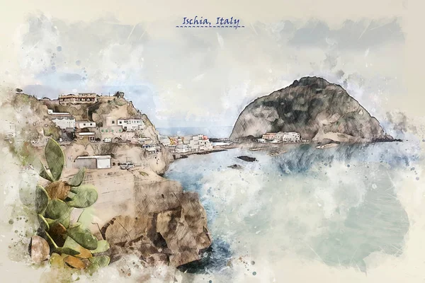 意大利伊斯夏海岸的草图风格 用于明信片或图解 — 图库照片