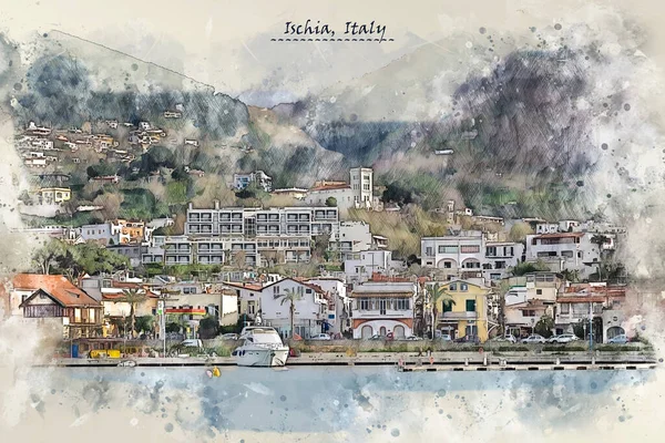 Costa Ischia Italia Estilo Boceto Para Usar Para Postal Ilustración — Foto de Stock