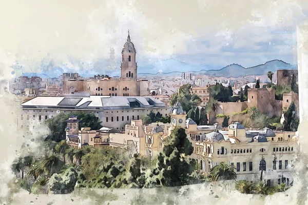 Panorama Van Malaga Spanje Schetsmatige Stijl Gebruiken Voor Ansichtkaart Illustratie — Stockfoto