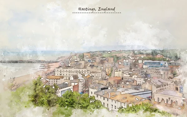 Vita Città Hastings Regno Unito Stile Schizzo Utilizzo Cartolina Illustrazione — Foto Stock