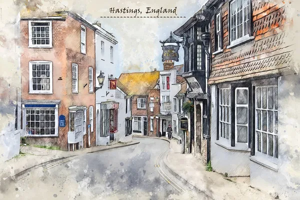 Miasto Hastings Wielka Brytania Stylu Szkicowym Wykorzystania Pocztówkę Lub Ilustrację — Zdjęcie stockowe