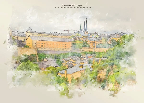 Panorama Luxemburgo Estilo Boceto Para Usar Para Postal Ilustración —  Fotos de Stock