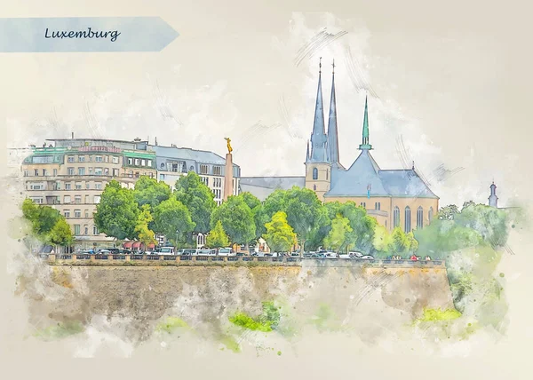 Panorama Luxemburg Sketch Style Using Postcard Illustration — Stock Photo, Image