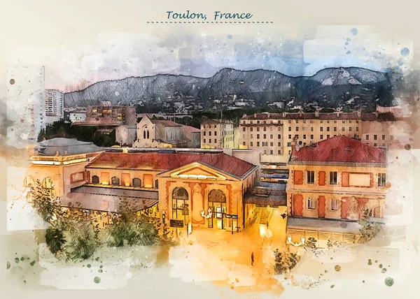 City Life Toulon France Sketch Style Using Postcard Illustration — Stock Photo, Image