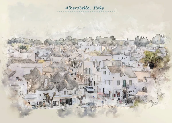 意大利Alberobello村 水彩画风格 用于明信片或图解 — 图库照片