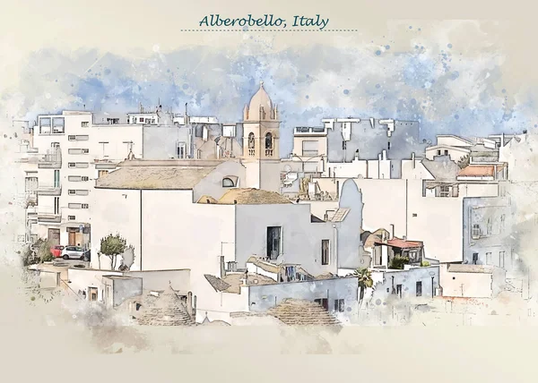 Village Alberobello Italy Watercolor Sketch Style Using Postcard Illustration — Stock Photo, Image