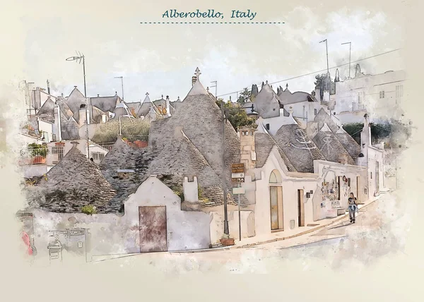 Paese Alberobello Italia Stile Schizzo Acquerello Utilizzare Cartolina Illustrazione — Foto Stock