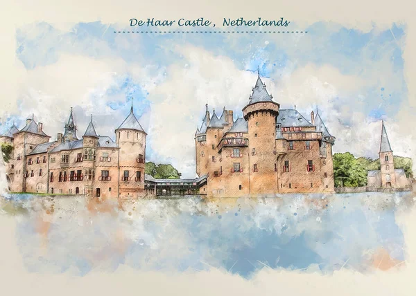 Castle Haar Castle Netherlands Sketch Style Using Postcard Illustration — Stock Photo, Image