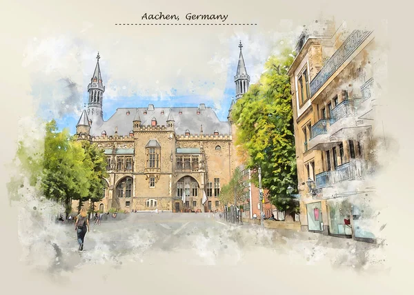 city life of Aachen, Germany in sketch style for using for postcard or illustration