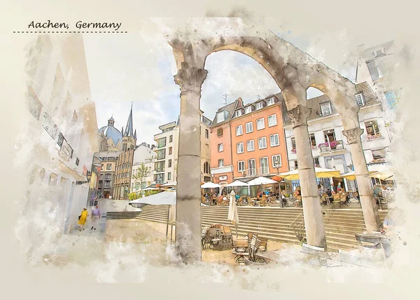 德国亚琛的城市生活素描风格 用于明信片或图解 — 图库照片