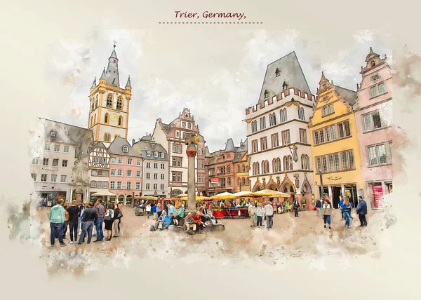 Stadslivet Trier Tyskland Skiss Stil För Att Använda För Vykort Stockfoto