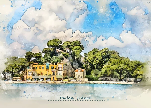 Seacoast Cote Dazur France Sketch Style Using Postcard Illustration Royalty Free Stock Images
