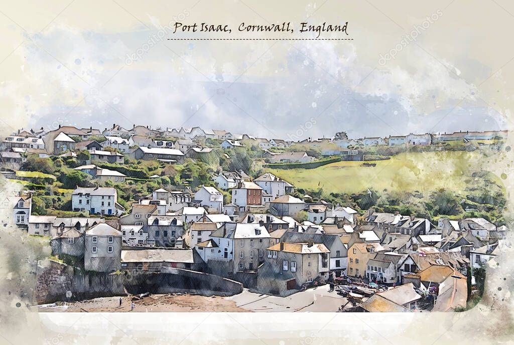 village Port Isaac,UK, in watercolor sketch style for using for postcard or illustration