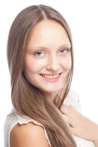 Retrato de uma menina bonita no fundo branco — Fotografia de Stock