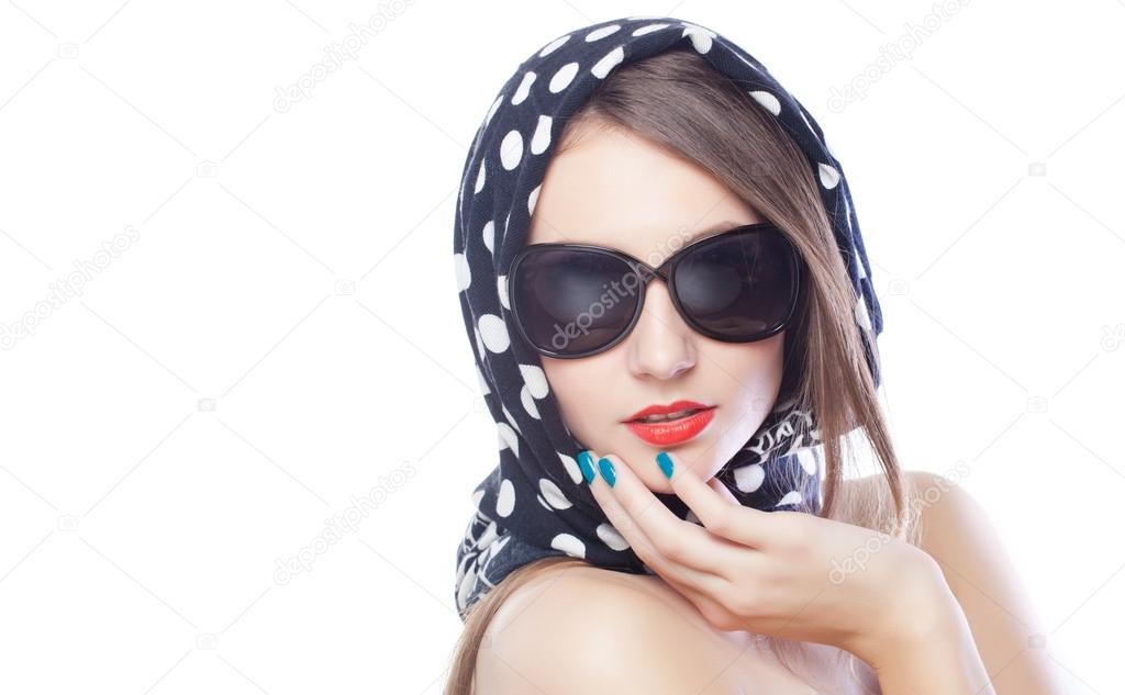 Beautiful and fashion girl in sunglasses, close-up portrait, studio shot