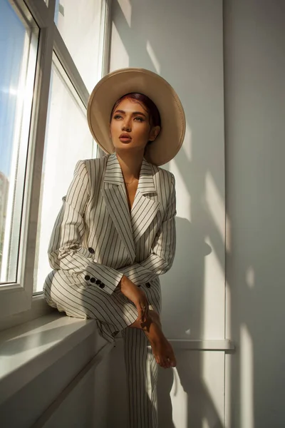 Beautiful Sexy Woman Classic Suit Isolated White Studio Shoot — Stock Photo, Image