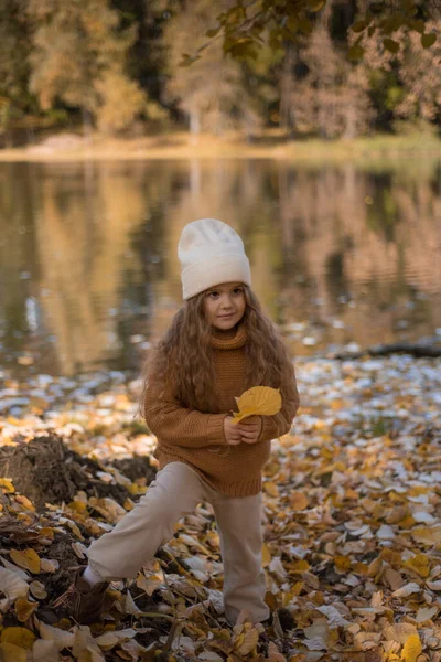 Meisje Poseren Met Bladeren Herfst Park — Stockfoto