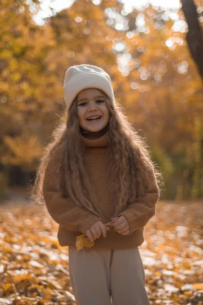 Dziewczyna Pozowanie Liści Jesiennym Parku — Zdjęcie stockowe
