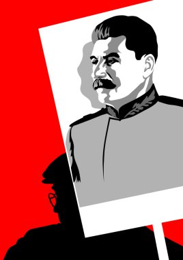 Man and portrait of Stalin clipart