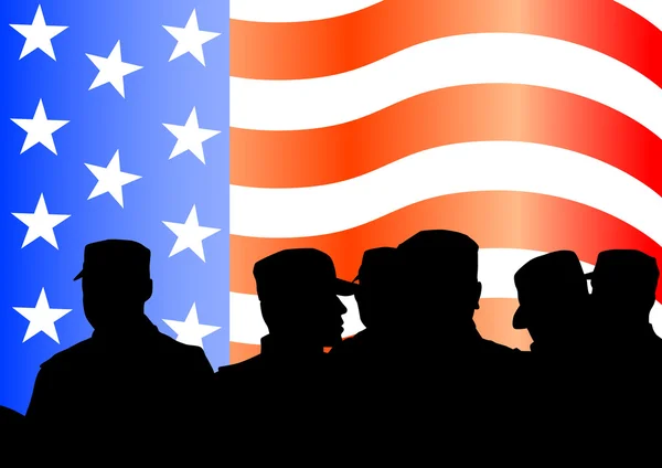 Soldados bajo bandera americana — Vector de stock