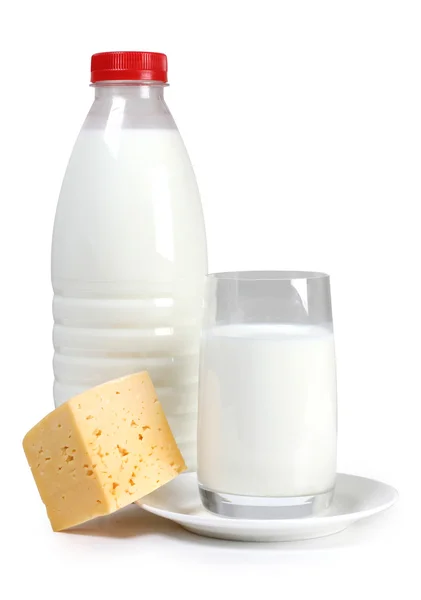 Queso y leche en botella — Foto de Stock