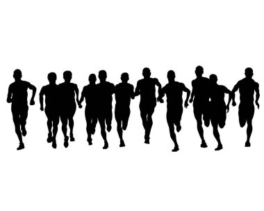 Genç sporcular bir maraton koşuyor. Beyaz arkaplanda izole edilmiş siluetler