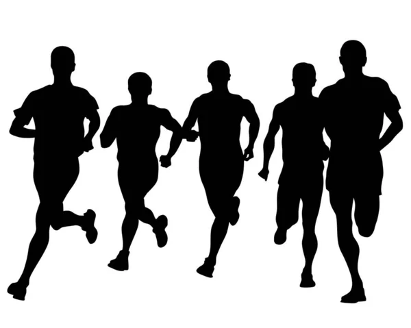 Young Athletes Run Marathon Isolated Silhouettes White Background — Stock Vector