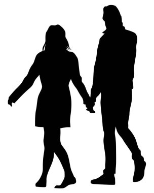 Genç adam ve kadın yan yana duruyorlar. Beyaz arka planda izole edilmiş siluet