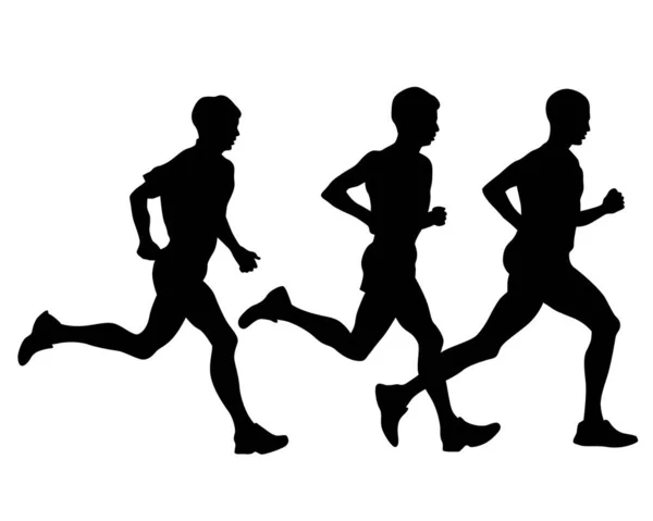 Giovani Atleti Corrono Una Maratona Silhouette Isolate Sfondo Bianco — Vettoriale Stock