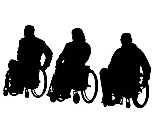 Disabled People Wheelchairs Driving Street Isolated Silhouettes White Background — Stock Vector