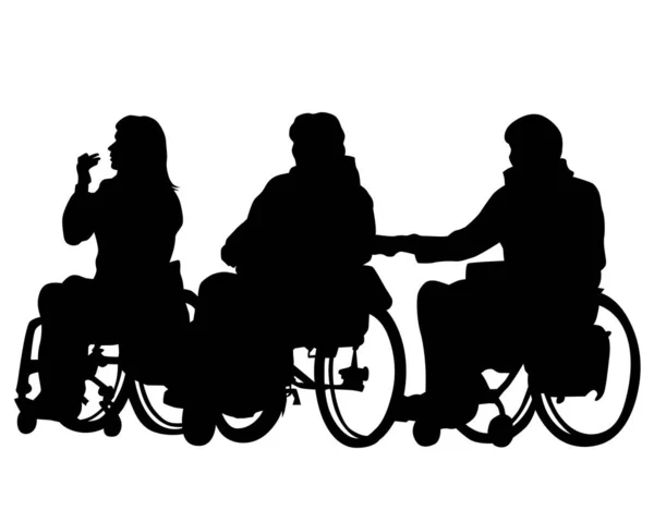 Disabled People Wheelchairs Driving Street Isolated Silhouettes White Background — Stock Vector