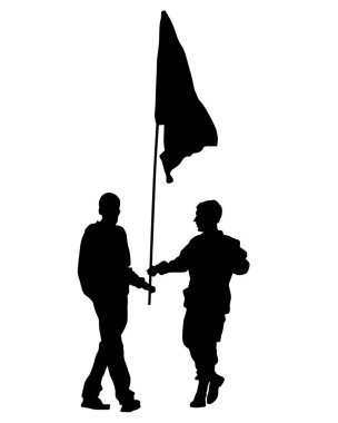 Büyük bayraklı insanlar. Beyaz arka planda izole edilmiş insan siluetleri.