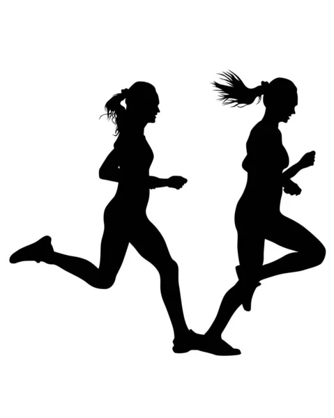 Νεαρές Αθλήτριες Τρέχουν Μαραθώνιο Μεμονωμένες Σιλουέτες Λευκό Φόντο — Διανυσματικό Αρχείο