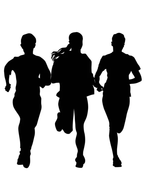 Young Athletes Women Run Marathon Isolated Silhouettes White Background — Stock Vector