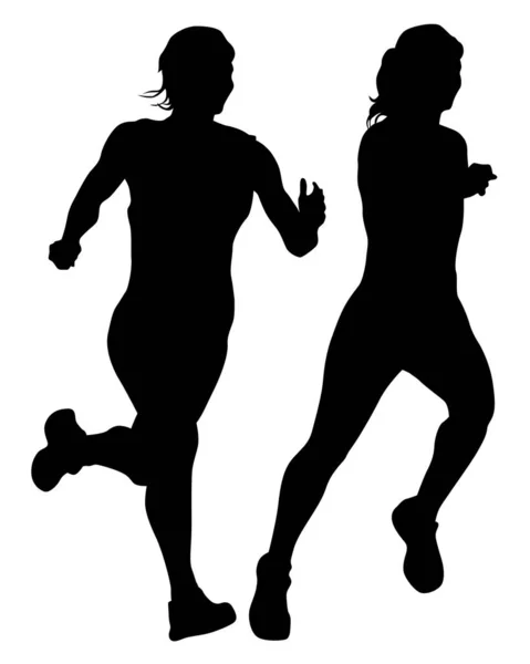 Las Jóvenes Atletas Corren Una Maratón Siluetas Aisladas Sobre Fondo — Vector de stock