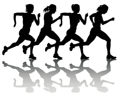 Genç sporcular bir maraton koşar. Beyaz arkaplanda izole edilmiş siluetler