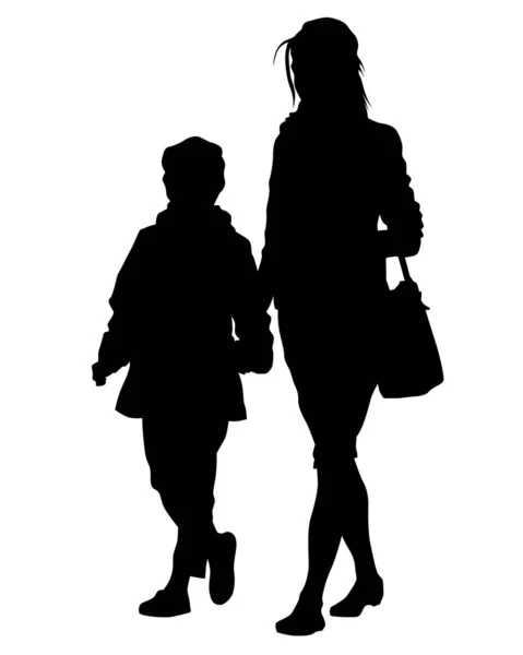 Mom Little Child Street Isolated Silhouettes People White Background — Stock Vector