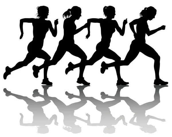 Les Jeunes Athlètes Femmes Courent Marathon Silhouettes Isolées Sur Fond — Image vectorielle