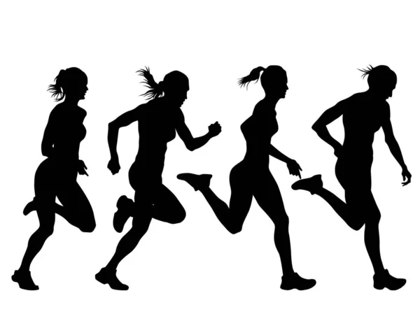 Les Jeunes Athlètes Femmes Courent Marathon Silhouettes Isolées Sur Fond — Image vectorielle