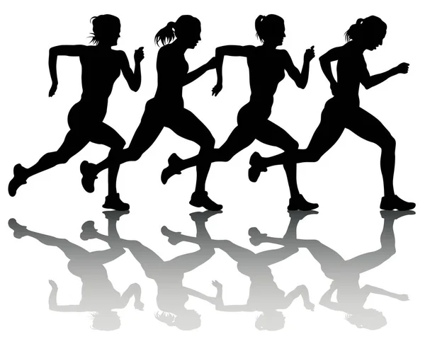 Unga Idrottare Springer Ett Maraton Isolerade Silhuetter Vit Bakgrund — Stock vektor