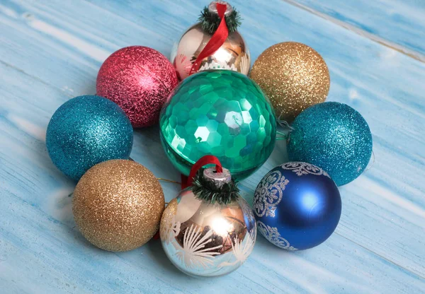 Kerstspeelgoed Decoratie Hout Achtergrond Van Het Nieuwe Jaar — Stockfoto