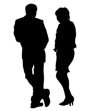 Genç adam ve kadın yan yana duruyorlar. Beyaz arka planda izole edilmiş siluet