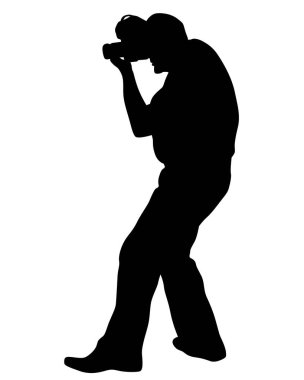 Sokakta fotoğraf ve fotoğraf makinesi. Beyaz arka planda izole edilmiş insan siluetleri