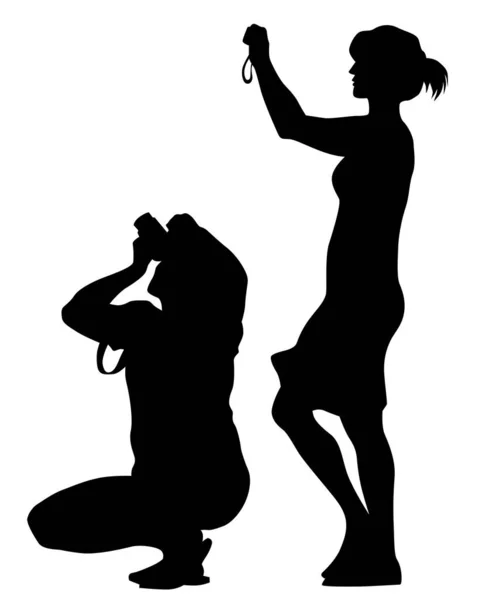 Les Jeunes Tiennent Une Caméra Dans Main Silhouettes Isolées Personnes — Image vectorielle
