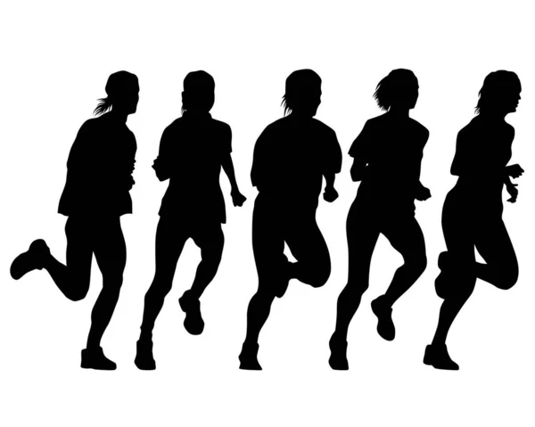 Les Jeunes Athlètes Femmes Courent Marathon Silhouettes Isolées Sur Fond — Image vectorielle