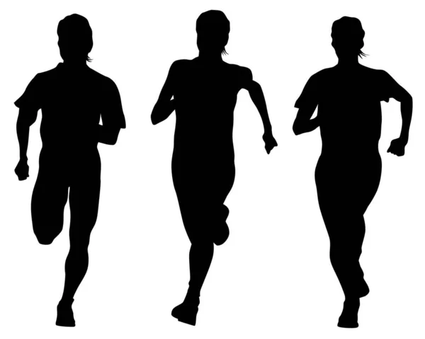 Young Athletes Women Run Marathon Isolated Silhouettes White Background — Stock Vector